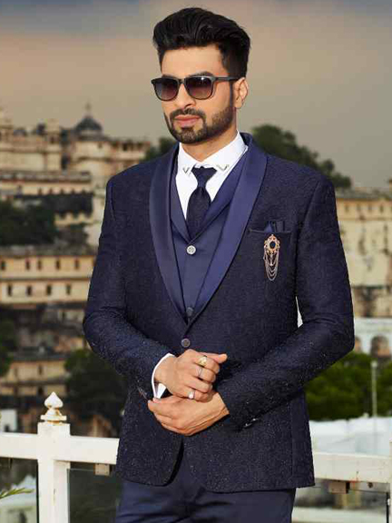 BLUE EMBROIDERED TUXEDO SUIT