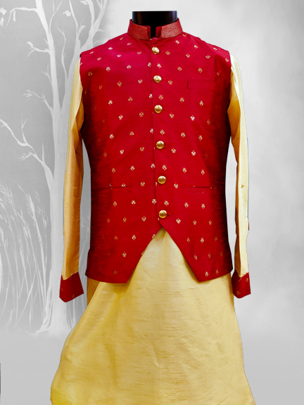 GOLD KURTA WITH RED PRINTED INDO WESTERN