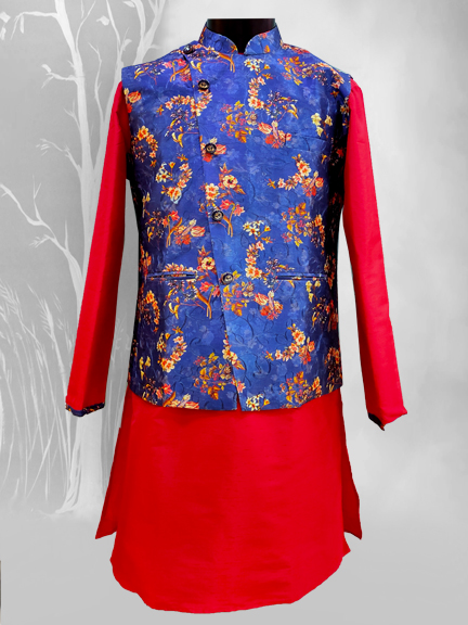 RED KURTA WITH BLUE FLORAL JACKET