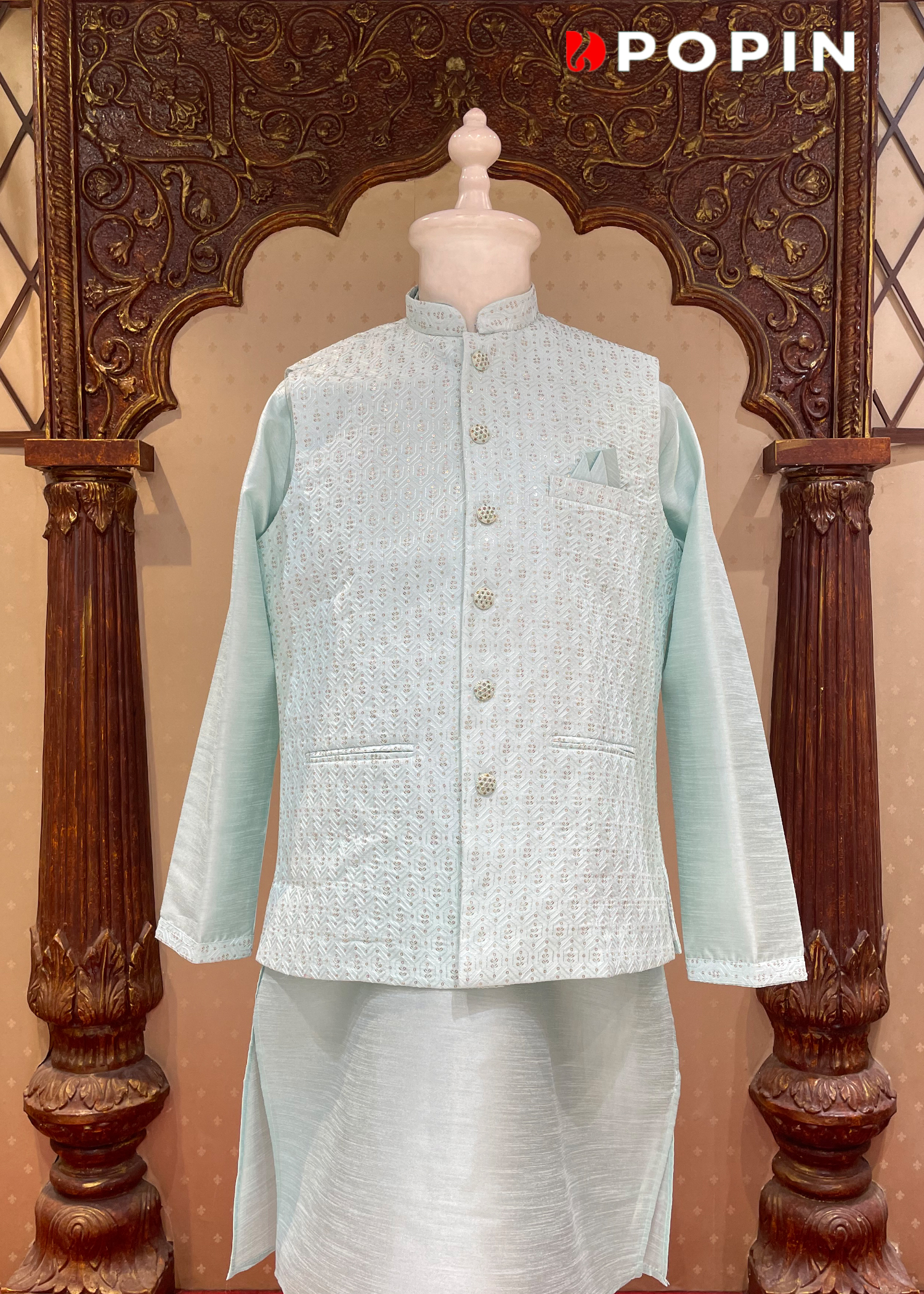 COPPER KURTA WITH BLUE EMBROIDERED JACKET