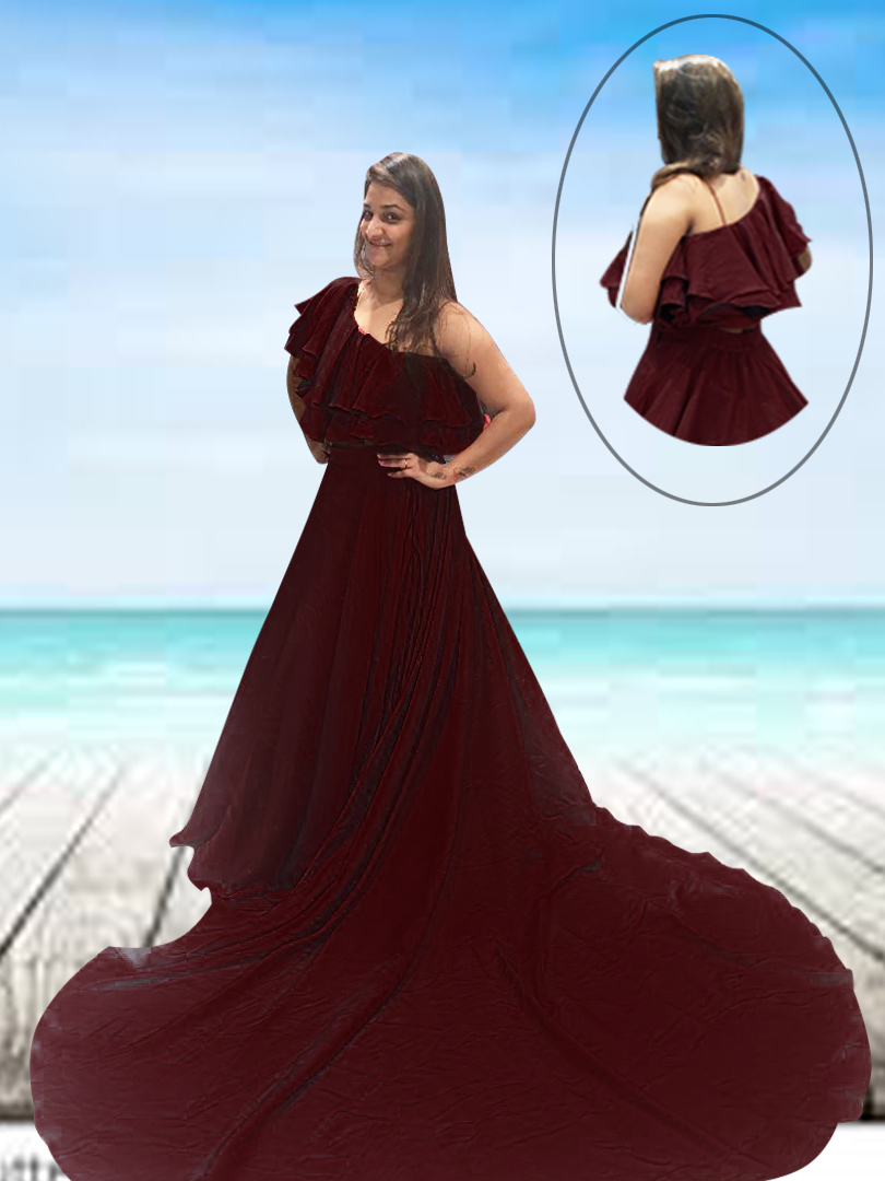 MAROON PRE-WEDDING CROP TOP AND SKIRT WITH TRAIL 